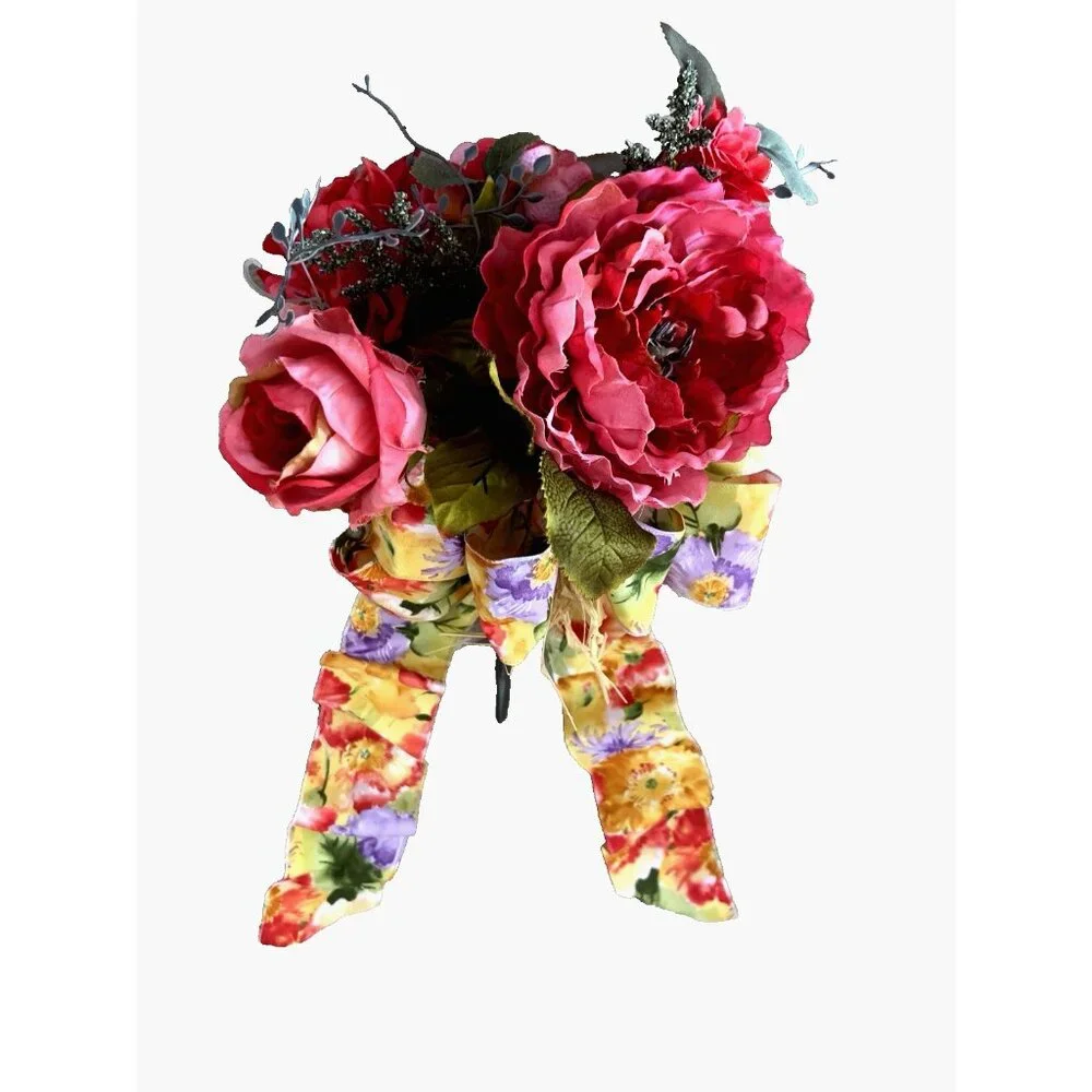 SPRING Flower BOUQUET Handmade Bow Coral Red Yellow Purple Peony Rose Zinnia